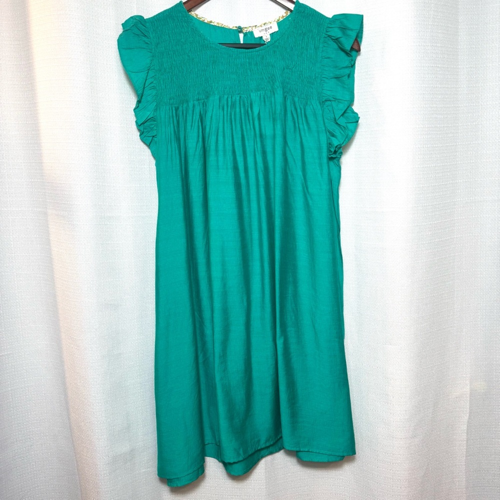 Umgee Emerald Green Boho Smocked Dress Ruffle Sleeve Flowy Size Large